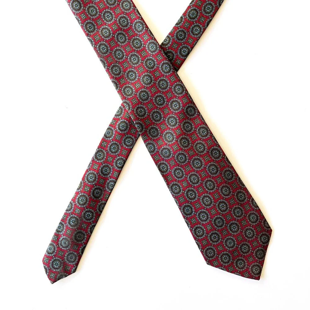 Men's Thomas Pink London Silk Designer Red Blue and Green Geometric Necktie Tie